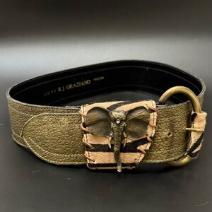 Vintage 80s R.J. GRAZIANO Olive Leather Elephant Buckle Wide Waist Belt Size M